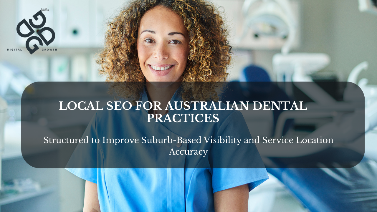 Australian dentist with patient care visuals and map pin icons representing local SEO for dental clinics