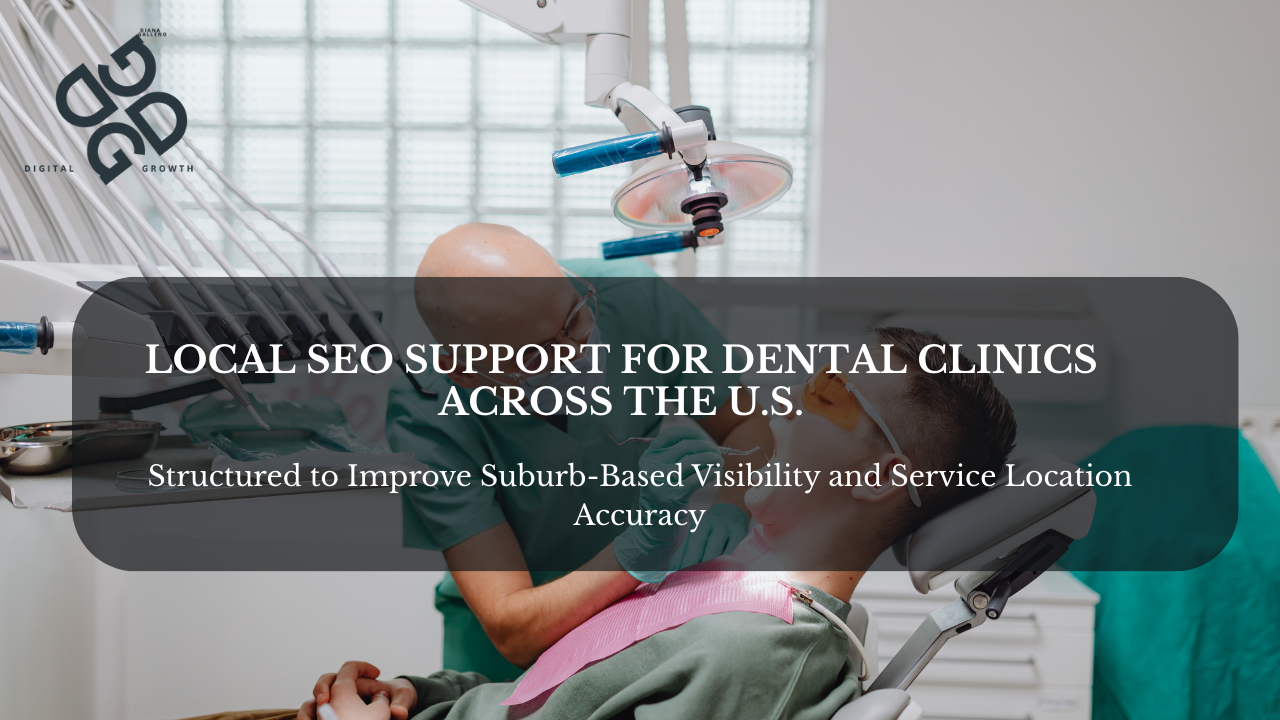 Dentist showing patient care with location pin and Google search icons representing local SEO in the US